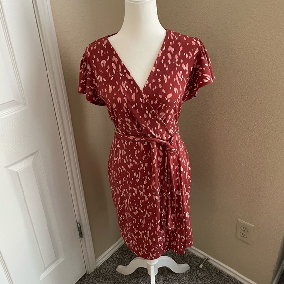 Nine West Belted Faux Wrap Flutter Sleeve Dress Rust Orange - Picture 1 of 13